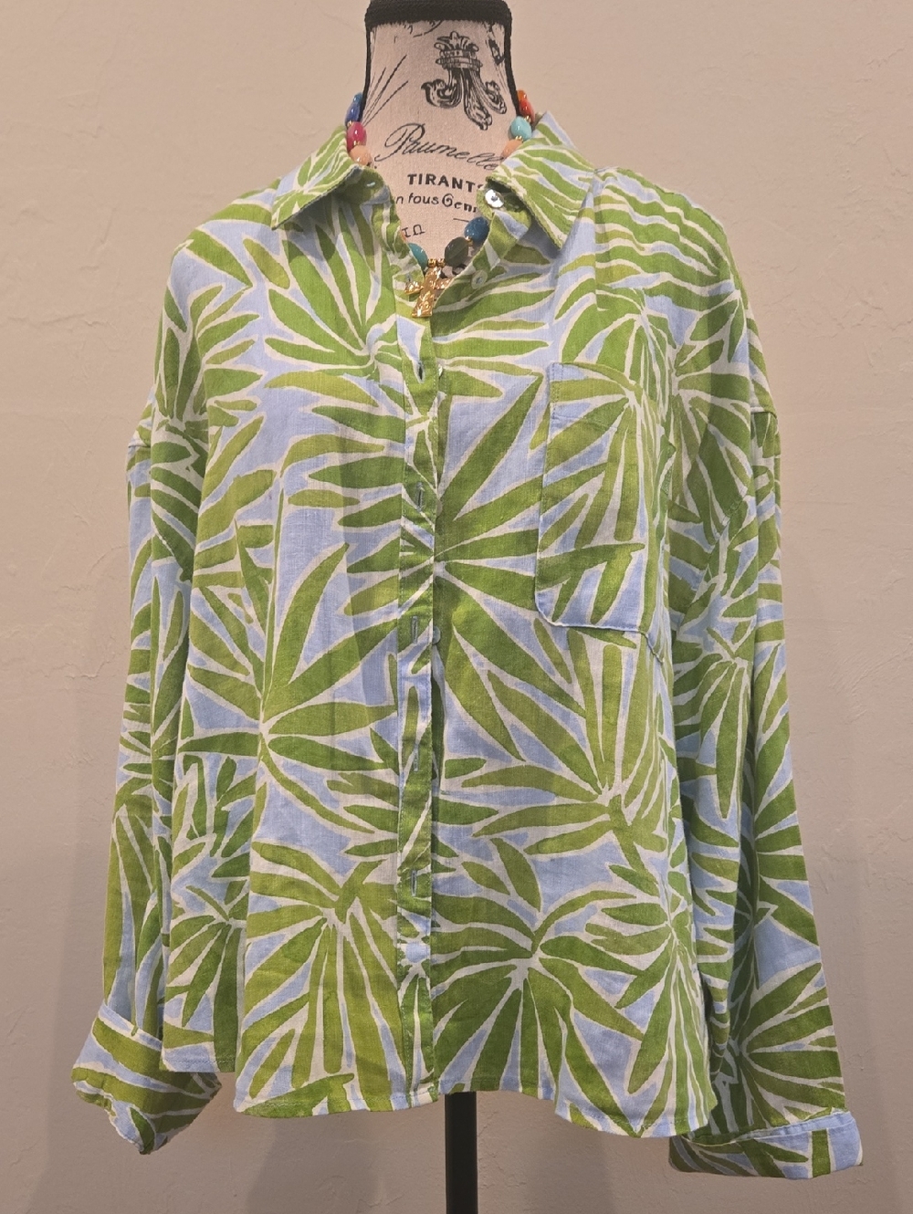 XL- Sigrid Olsen Linen Swing Shirt Jacket in Light Blue, Green & White Palms